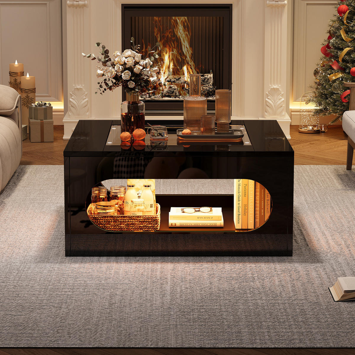 COUCHTISCH 70/70/35 cm mit LED-Beleuchtung, Glasplatte und Stauraum, MDF, Schwarz - Schwarz, Holzwerkstoff (70/70/35cm) - Redom