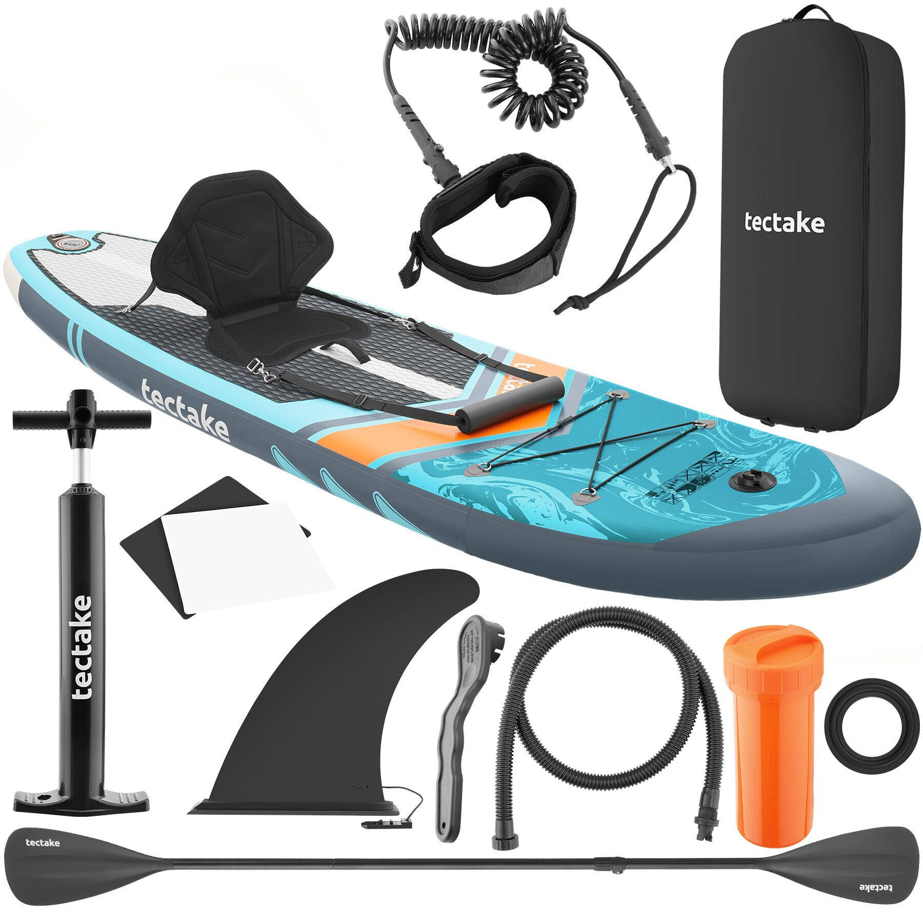 STAND-UP PADDLE BOARD Palagios, Belastbarkeit 200 kg, inklusive Kajak-Sitz, türkis/orange - Türkis, Kunststoff (288/77/0.23cm) - tectake