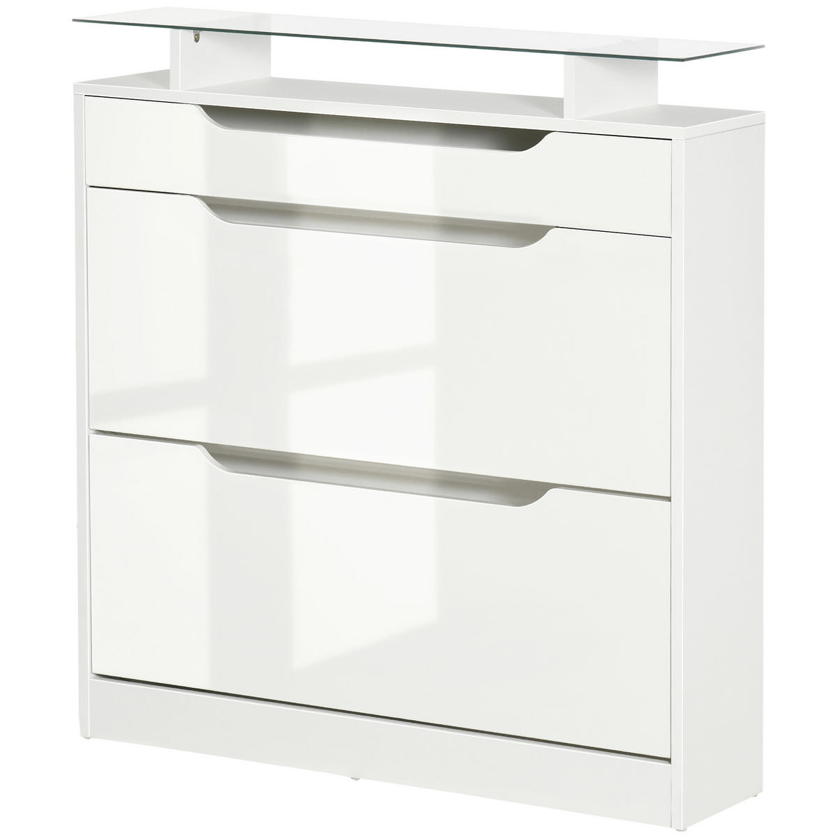 SCHUHSCHRANK DE-14974 2 Klapp-Schubladen und 1 Schubfach und Glasablage Weiß - Weiß, Holzwerkstoff (89/96/23cm) - ComfortXL