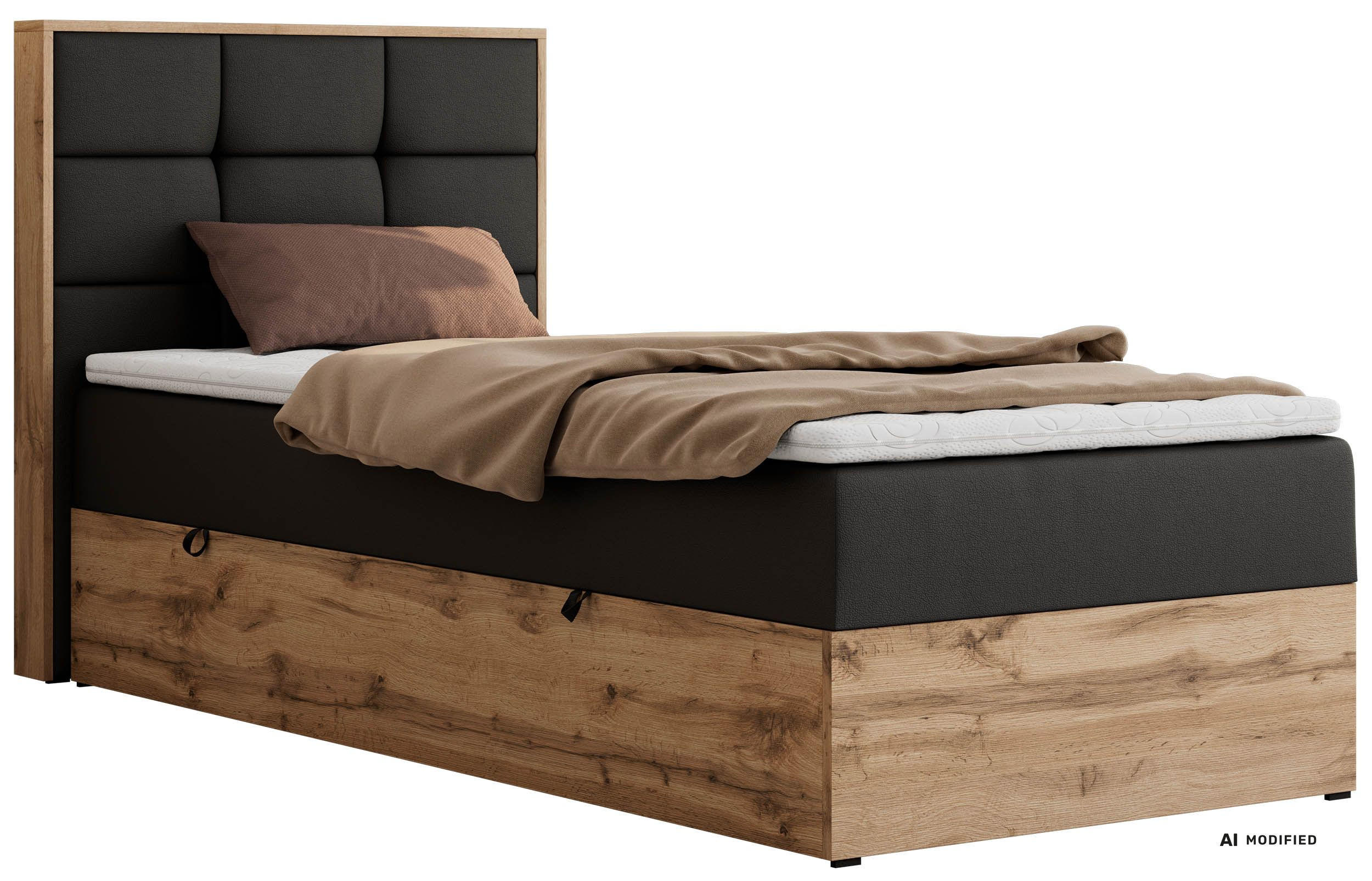 BOXBETT ALBERO 1 90/200 - Schwarz Kunstleder - Topper Visco - H4 - Links - Schwarz, Kunststoff/Textil (90/200cm) - MKS