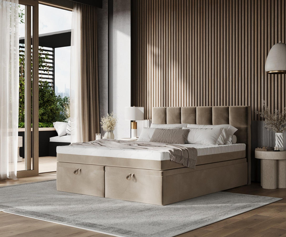 BOXBETT Elano 180/200 cm Taupe im Paros Stoff - Taupe/Schwarz, Holz/Holzwerkstoff (180/200cm) - AltaBeds