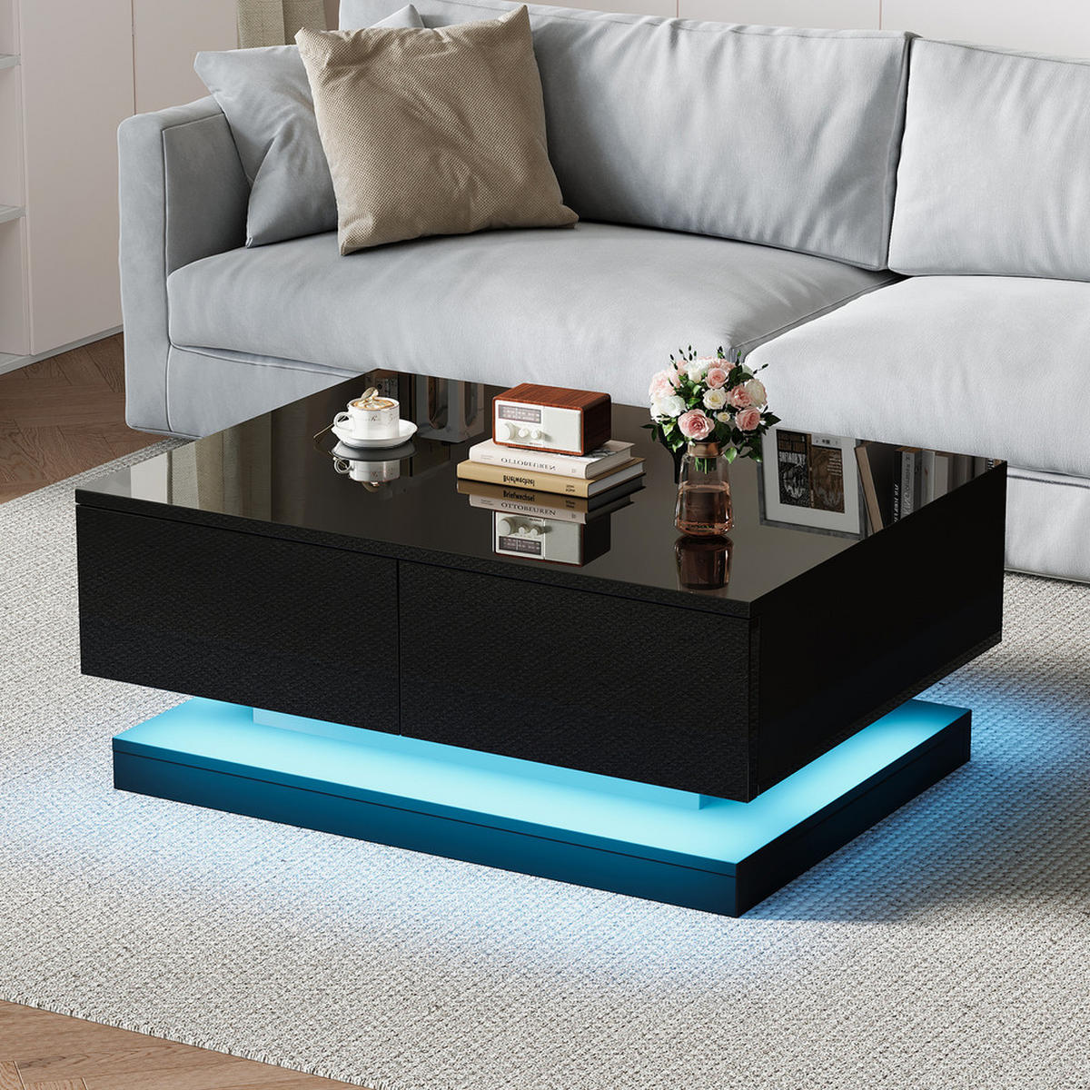 COUCHTISCH 90x50cm Schwarz Hochglanz LED App 2 Schubladen Modern - Schwarz, Holz (99.85/58.7/15.85cm) - FLIEKS