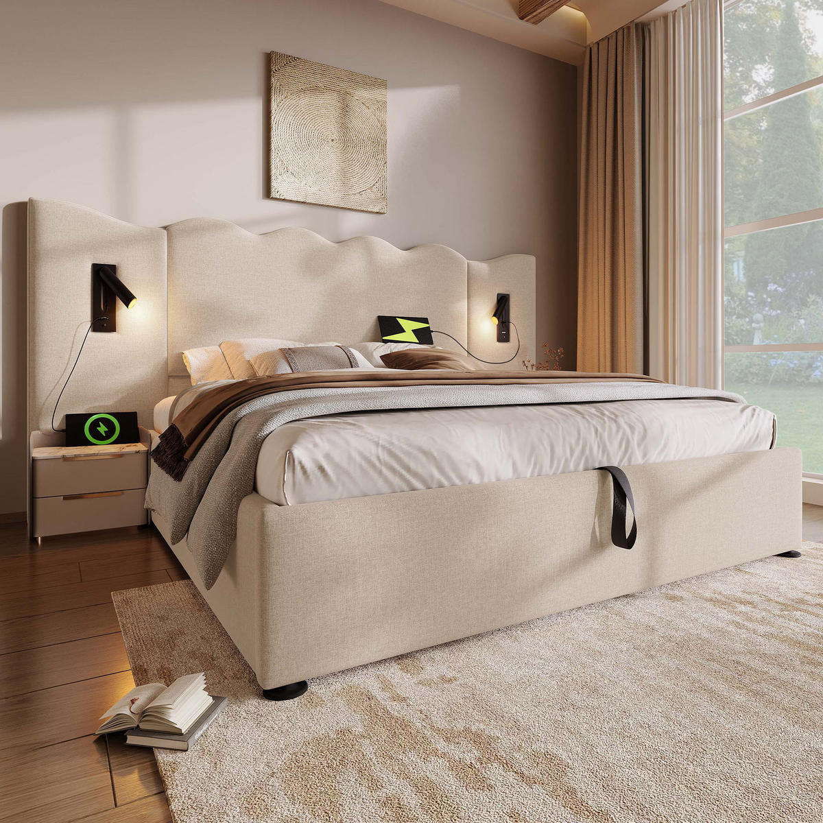 POLSTERBETT aus Leinen 160x200 cm in Beige mit Matratze & USB-C - Beige, Textil (160/200cm) - Modfu