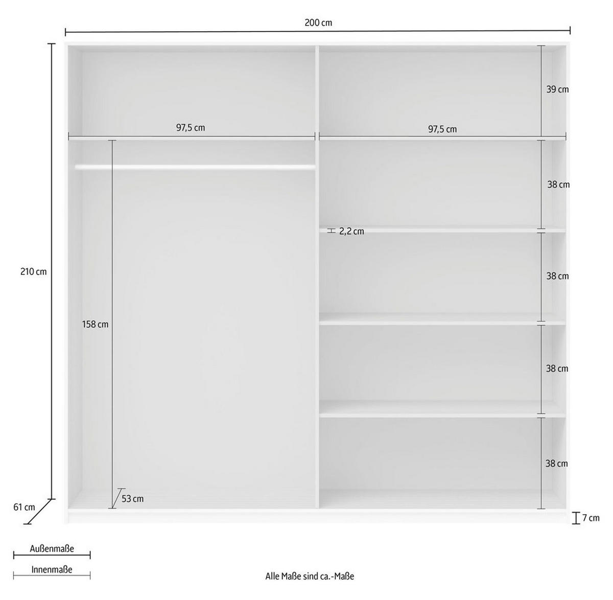 SCHWEBETÜRENSCHRANK Beta weiß / weiß Hochglanz 200 / 61 / 210cm - Weiß Hochglanz/Weiß, Holzwerkstoff/Metall (200/210/61cm) - Feldmann-Wohnen