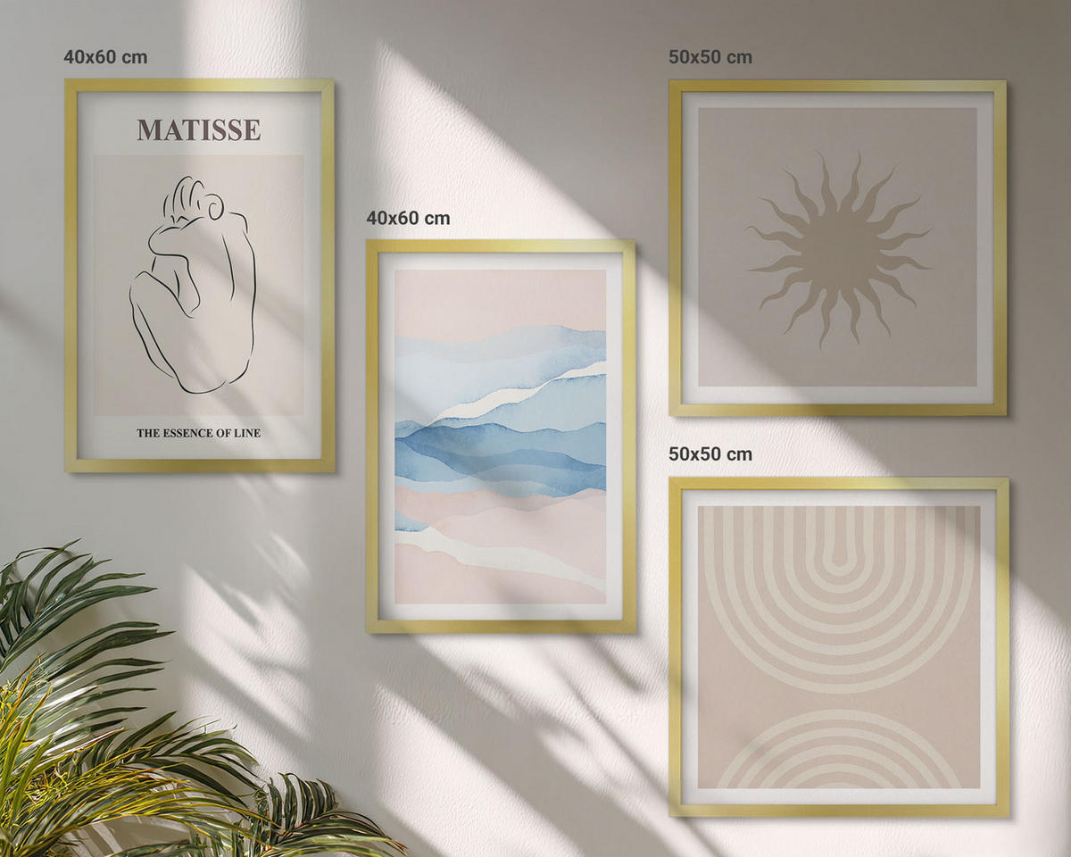 WANDBILDER 4er Set - 50x50 cm & 40x60 cm Goldrahmen - Linien, Wellen, Pastellfarben, minimalistisch - Goldfarben, Kunststoff (50/50cm) - ArtPrintCave