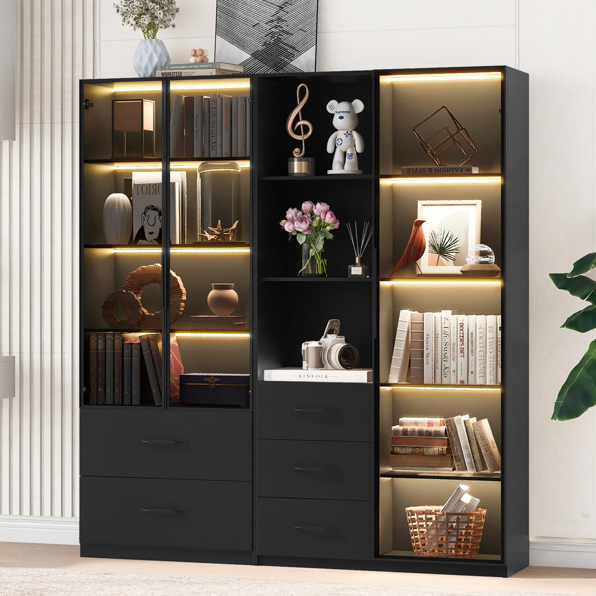 VITRINE 140cm Glas LED Bücherregal multifunktional modern - Schwarz, Holzwerkstoff (140/160/40cm) - FLIEKS