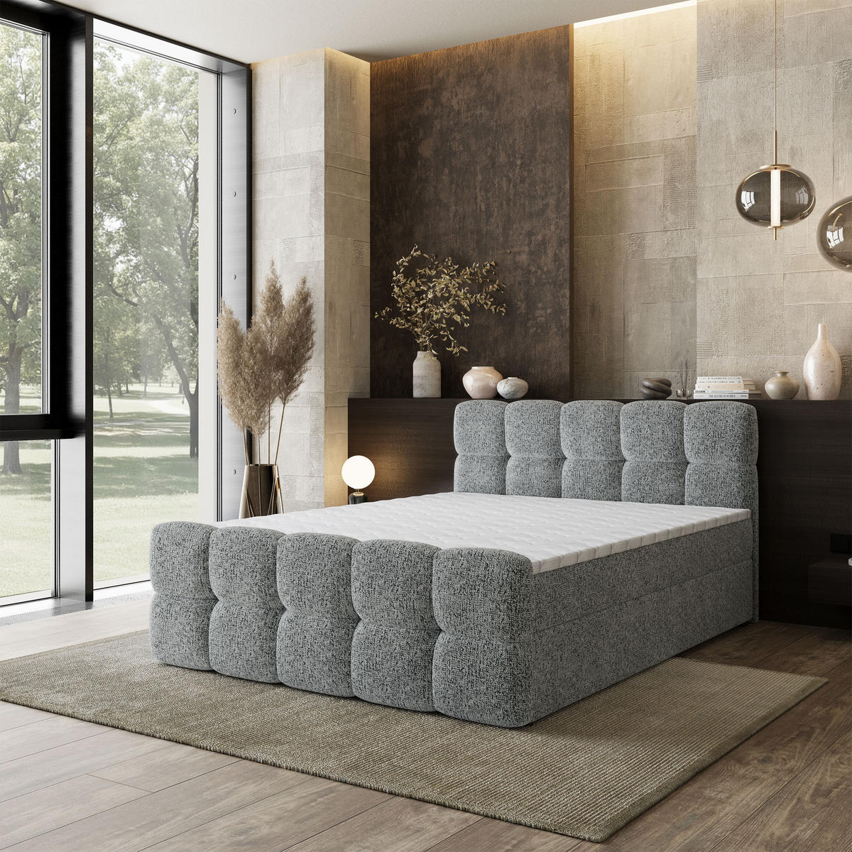 BOXBETT BRUME 140x200 cm mit Matratze und Topper, H2+H3 - Hellgrau - Hellgrau, Holz (140/200cm) - MASSENO