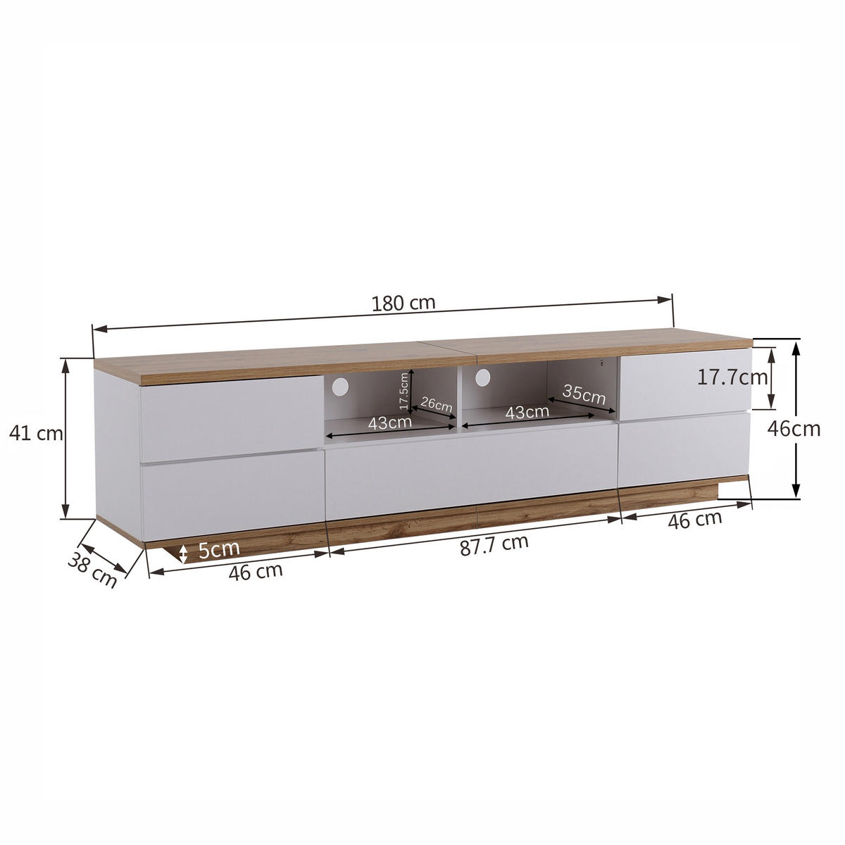 TV-SCHRANK in Weiß und Holzoptik mit 5 Türen und offenen Fächern 180/46/38 cm - Weiß, Holzwerkstoff (180/46/38cm) - Redom