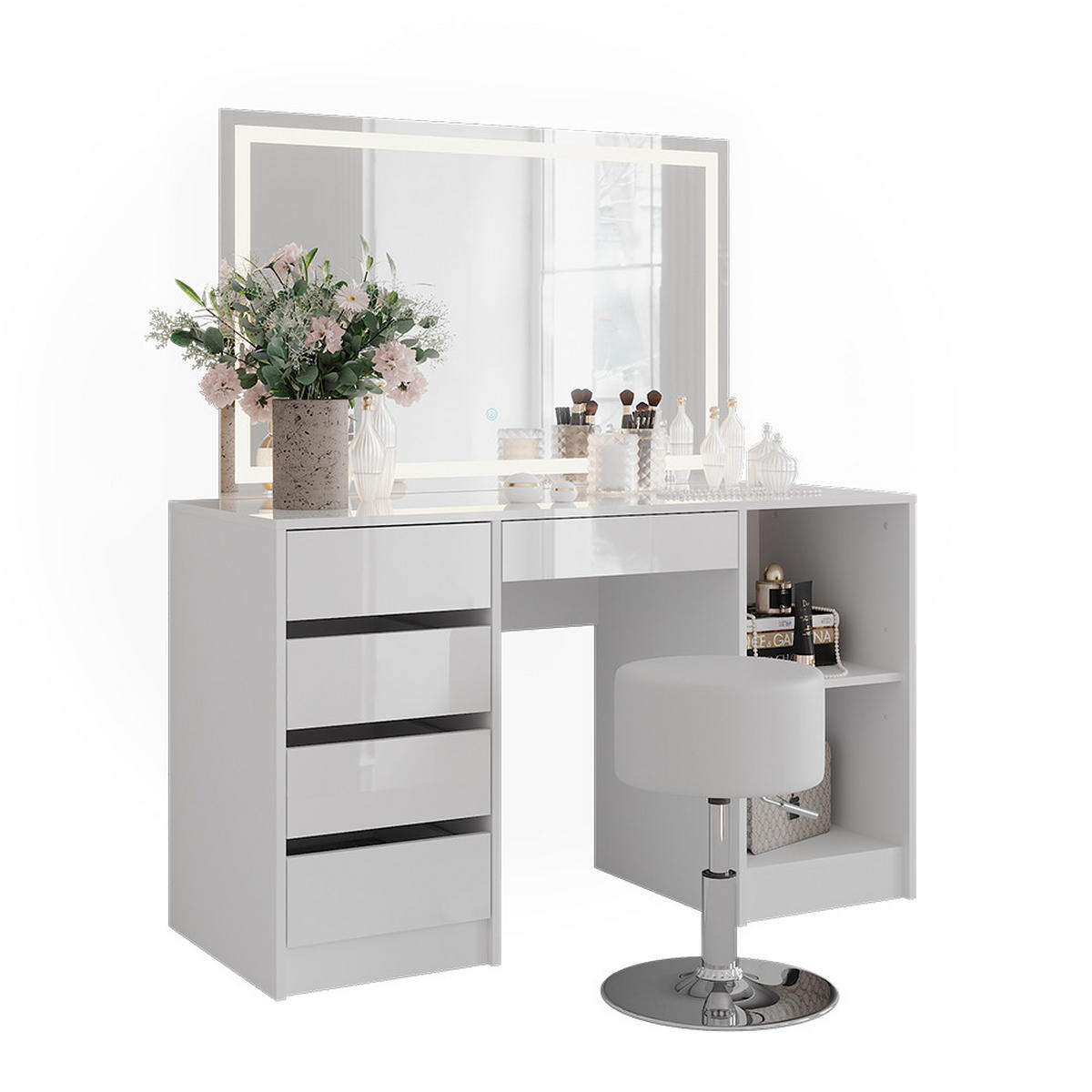 SCHMINKTISCH Sherry Weiß/Weiß Hochglanz 128.2 cm mit LED-Spiegel und Hocker - Weiß Hochglanz, Holzwerkstoff (128.2/76/50.1cm) - Vicco