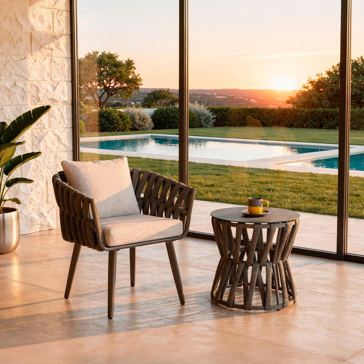 GARTENLOUNGE-SET Lugano, Rope-Design, Aluminium, anthrazit, Tisch Ø46cm & Stuhl 62,5x65,5x75cm - Anthrazit/Grau, Kunststoff/Metall - tectake