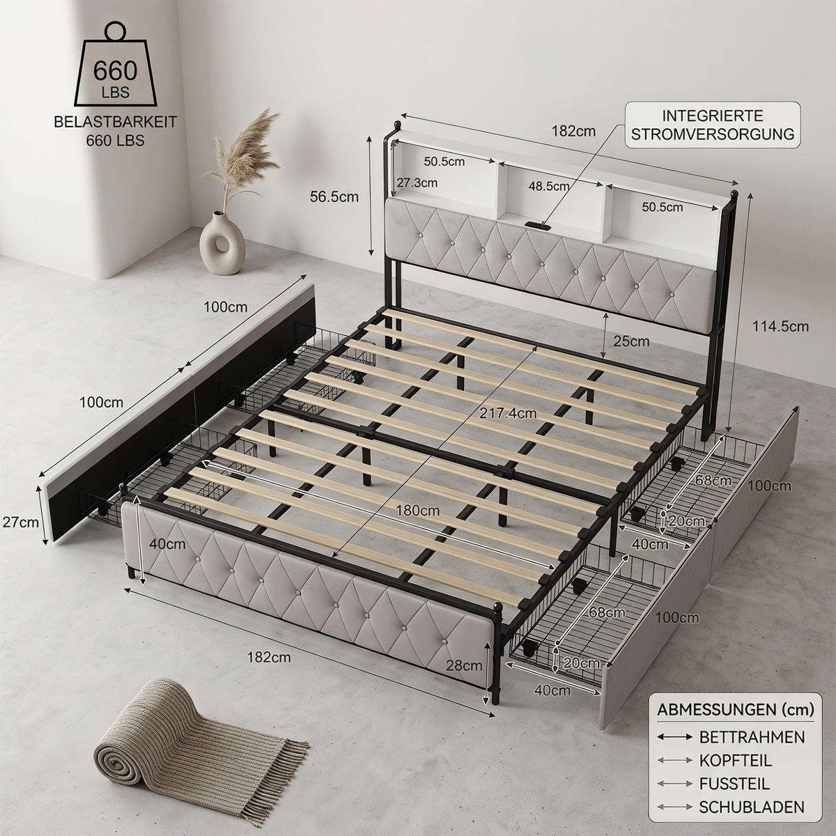 POLSTERBETT 180x200 cm mit USB- und LED-Kopfteil, Bett mit Stauraum und 4 Schubladen, Lattenrost, Samt, Beige - Beige, Holz/Metall (180/200cm) - GENKI LIVING