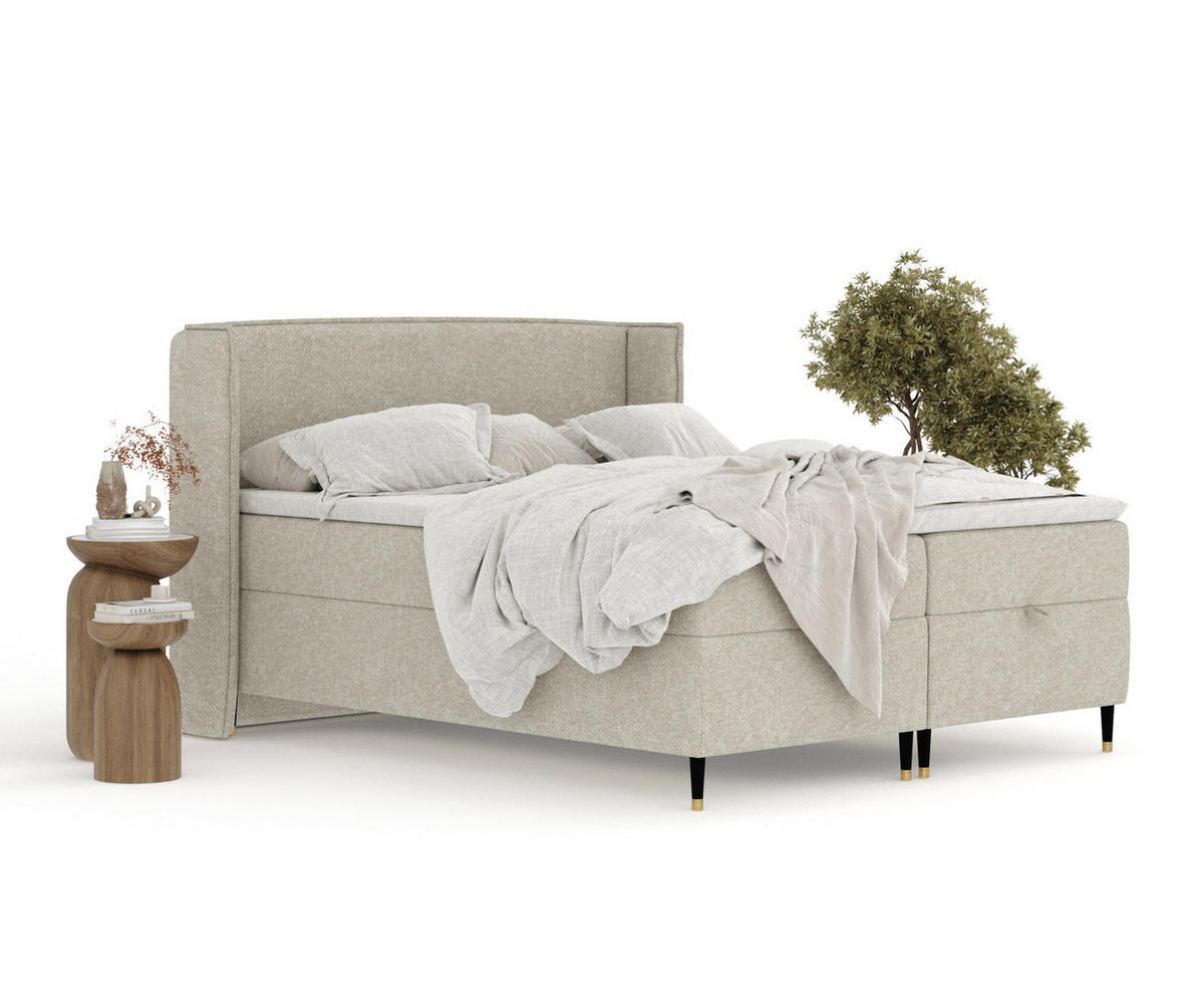 BOXBETT Monpelli Beige Grau 180/200 cm mit Matratze und Topper - Beige/Schwarz, Holz/Holzwerkstoff (180/200cm) - Maison de Reve