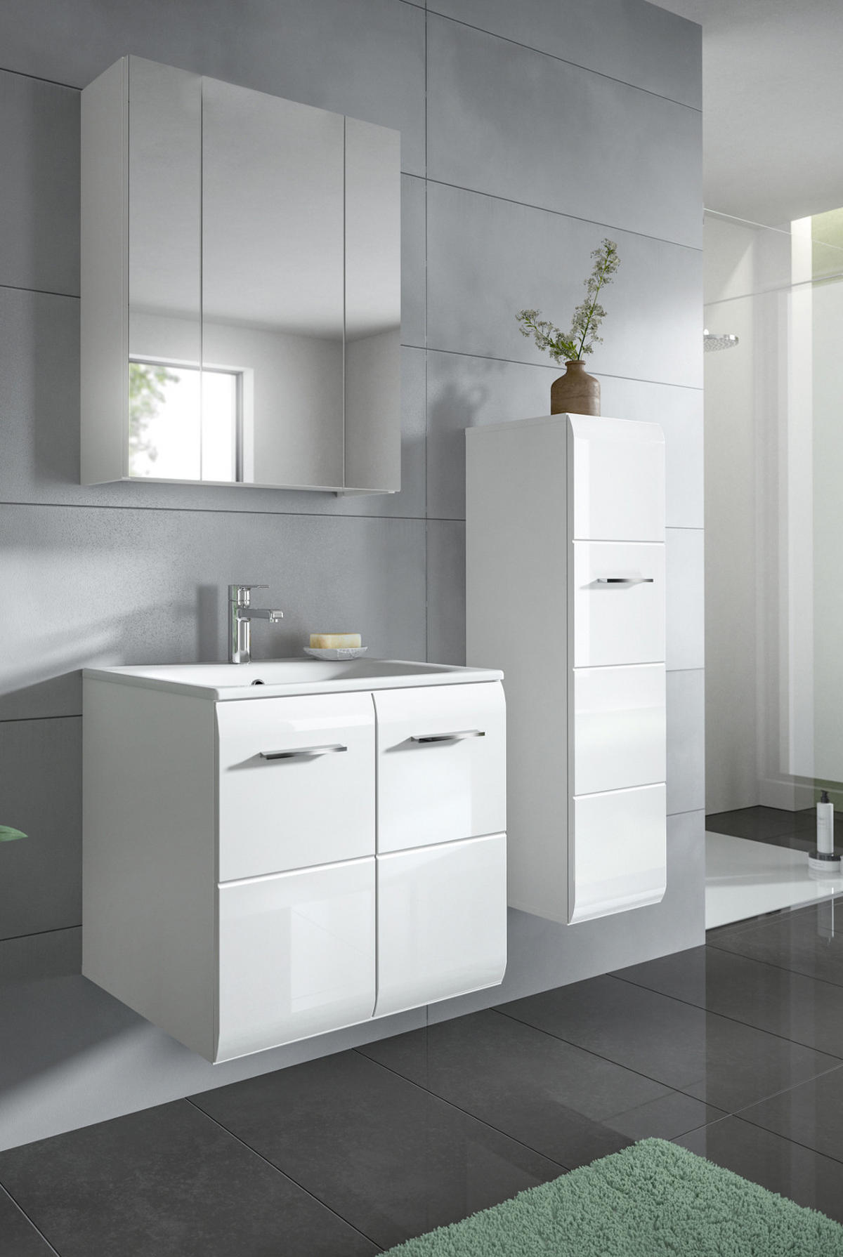 BADMÖBEL SET 3-teilig weiß Hochglanz 105 cm, Badkombination inklusive Waschbecken - Weiß Hochglanz/Silberfarben, Holzwerkstoff/Kunststoff (105/185/46cm) - Inn.Furn