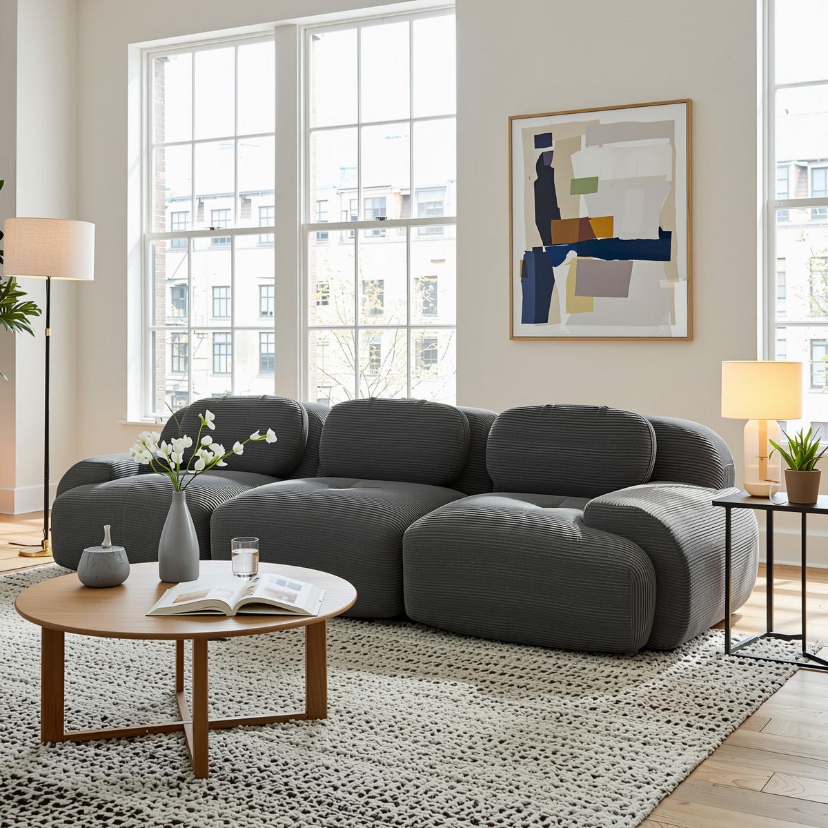 3-SITZER SOFA cordstoff grau mit rahmenlosem design & rutschfester basis - Grau, Textil (298/75/103cm) - Urban Meuble