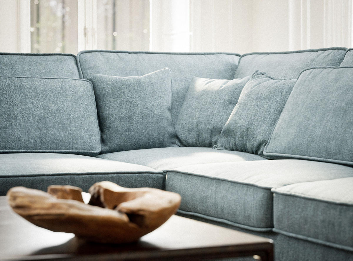 ECKSOFA Kirou Hellblau Chenille-Stoff - Links Seite - Schwarz/Hellblau, Holz/Holzwerkstoff (225/311cm) - Maison de Reve