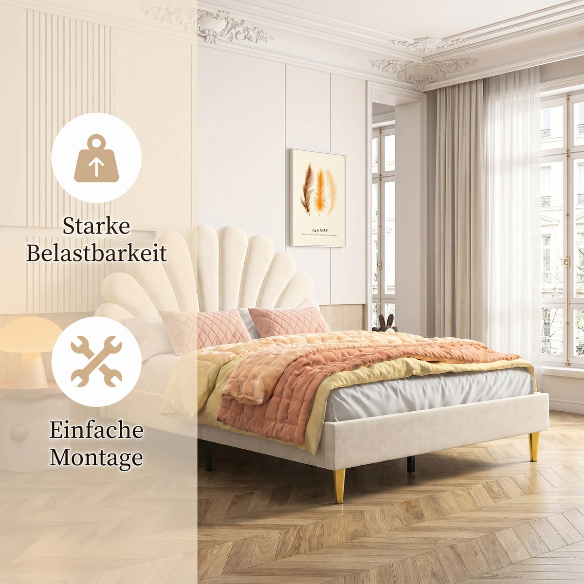 KINDERBETT Polsterbett 140x200 cm, mit geblümtem Kopfteil und Lattenrost, Samt Doppelbett, Beige - Beige, Holz/Holzwerkstoff (140/200cm) - BursDany