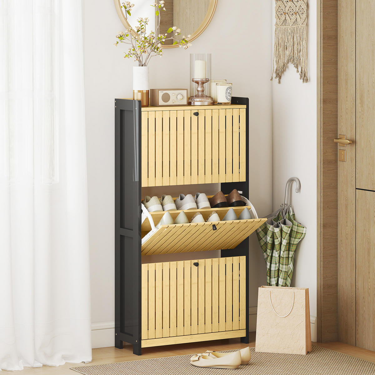 SCHUHSCHRANK Schwarz Natur MDF Bambus mit 3 Klappfächern 1 Stück - Multicolor, Holz (60/118/24cm) - PANGIVO
