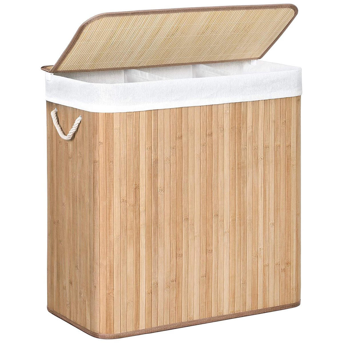 BAMBUS-WÄSCHEKORB mit 3 Fächern, Deckel und Griffen, 150L - L60 x H61,5 cm - Braun, Holz (40/61.5/60cm) - Calicosy