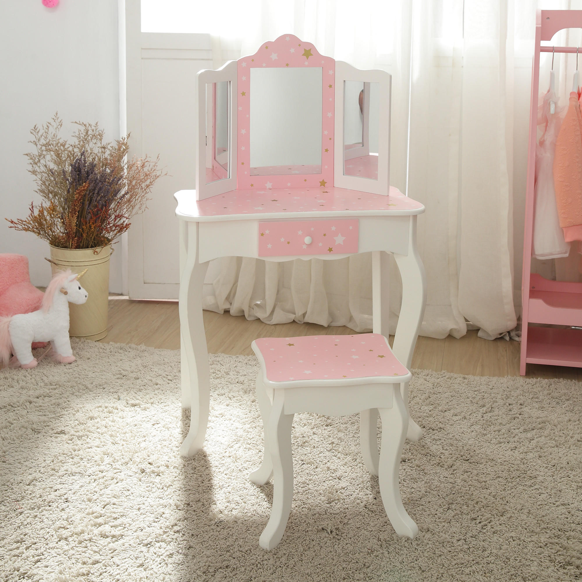 KINDER-SCHMINKTISCH mit Spiegel und Hocker Frisiertisch, Rosa/Weiß, 100cm - Weiß, Holzwerkstoff (30/100/60cm) - Teamson Kids
