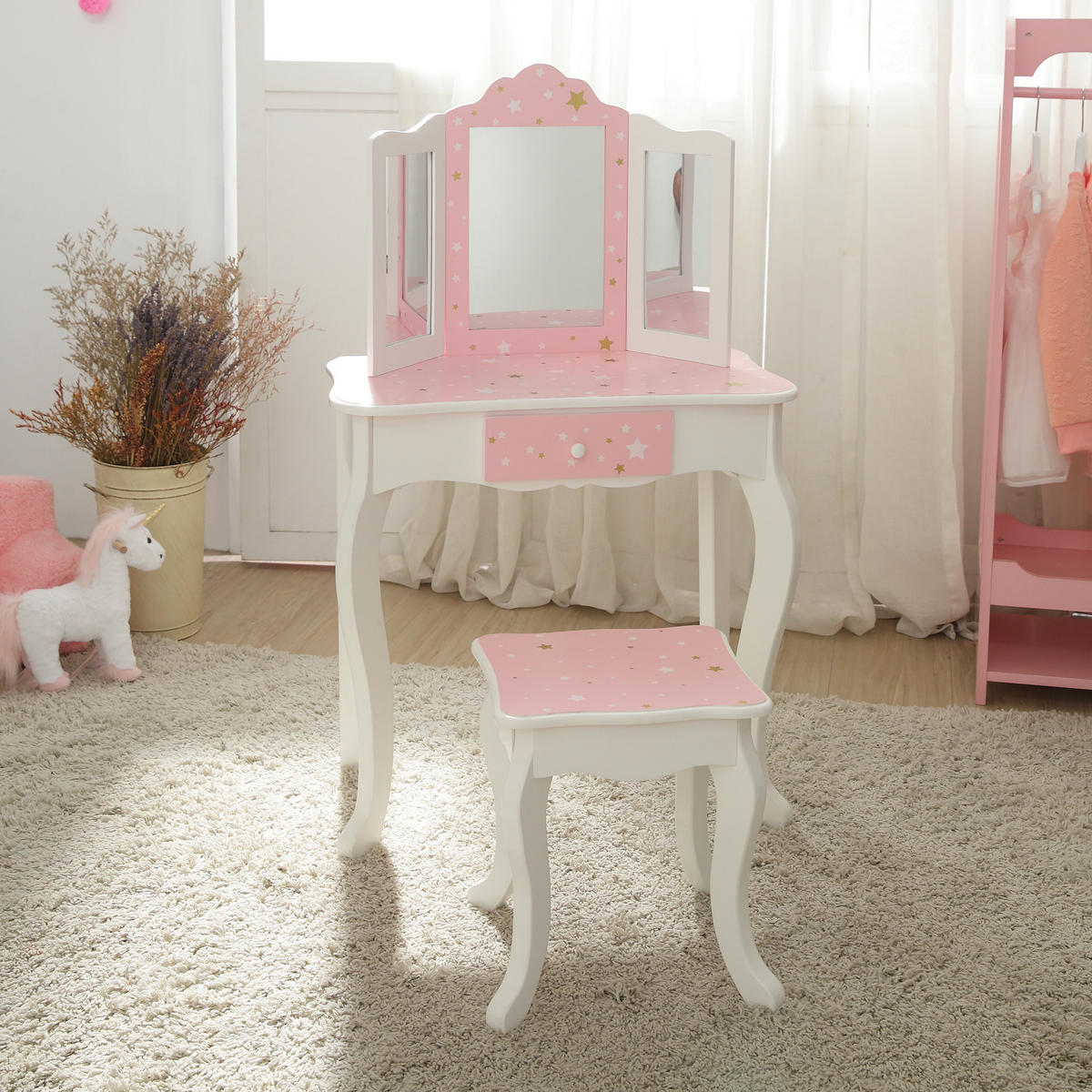 KINDER-SCHMINKTISCH mit Spiegel und Hocker Frisiertisch, Rosa/Weiß, 100cm - Weiß, Holzwerkstoff (30/100/60cm) - Teamson Kids