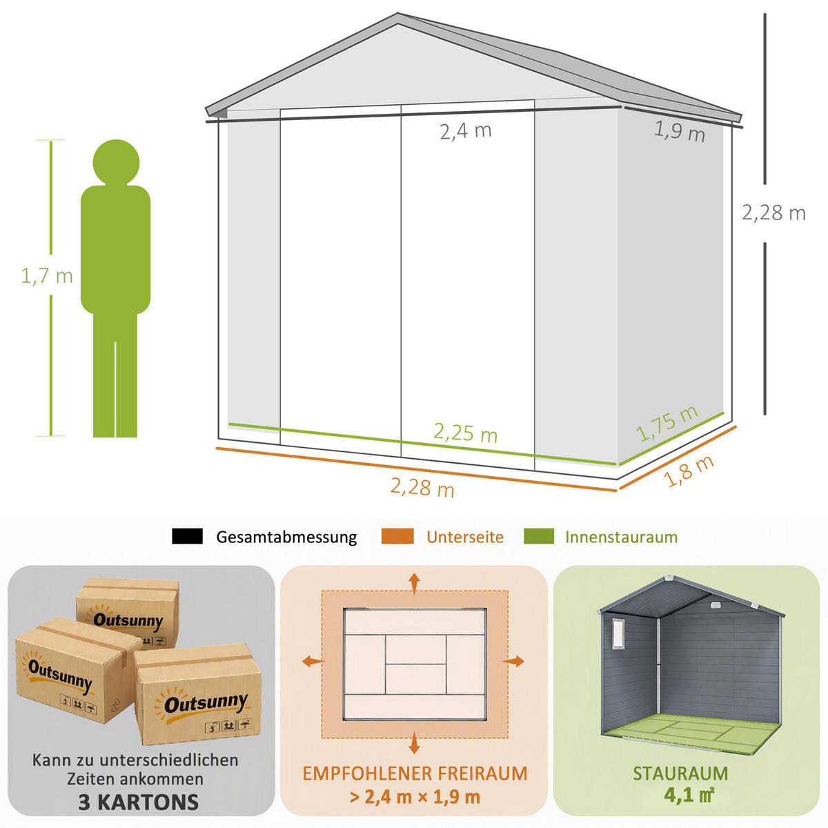 GERÄTEHAUS 4,1m³, Gartenhaus mit Pultdach, 240 x 190 x 180/228 cm, für Hinterhof - Grau, Kunststoff (190/228/240cm) - Outsunny