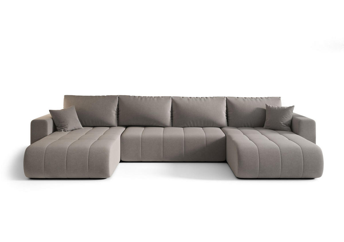 WOHNLANDSCHAFT LARA U-Form beige Strickstoff Wind 11 - Schlaffunktion, Bettkasten - Beige, Textil (385/85/175cm) - Cornero