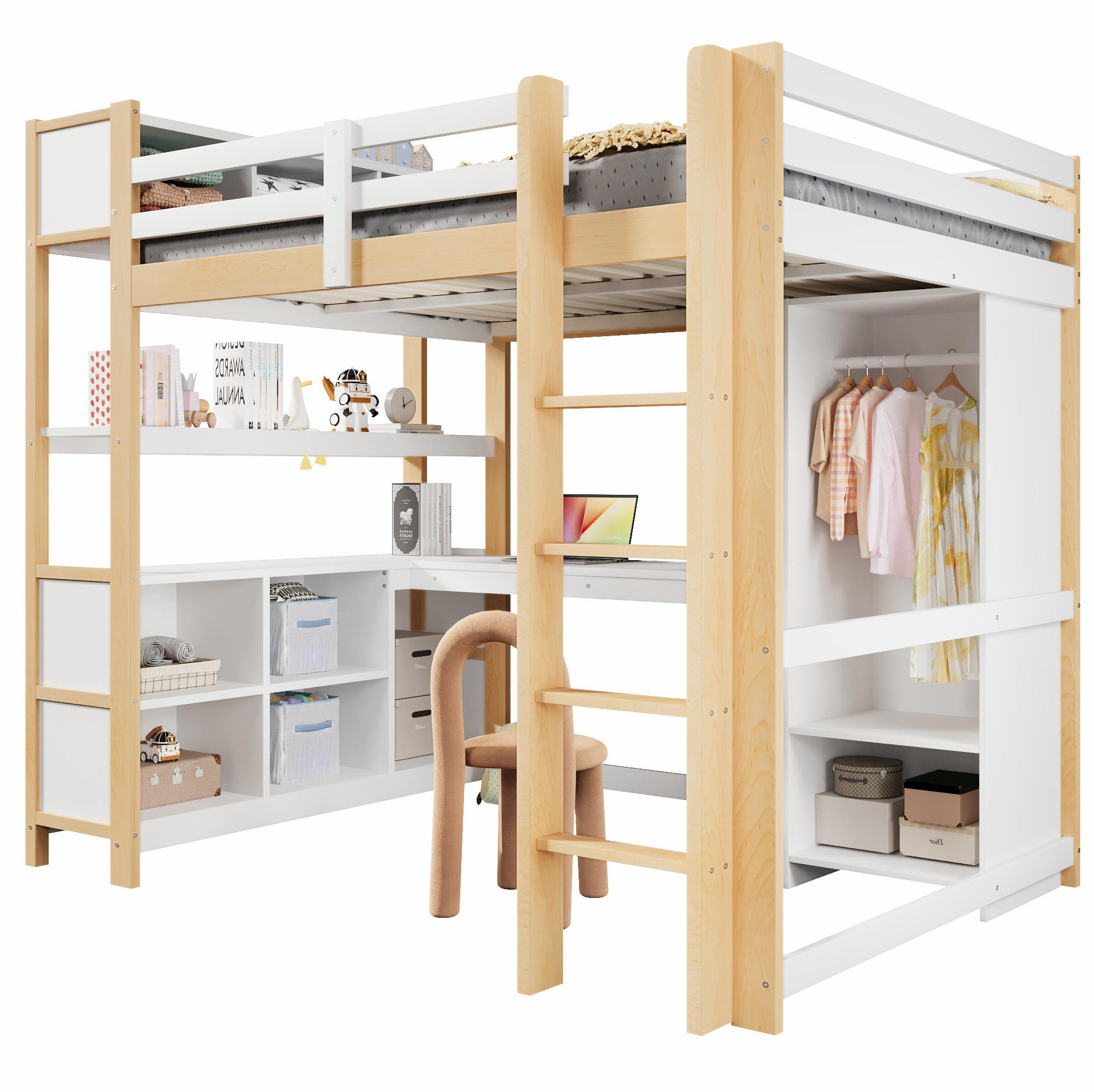 HOCHBETT 140/200 cm Natur mit Schreibtisch und Kleiderschrank ohne Matratze - Naturfarben, Holz (140/200cm) - MIVRAY