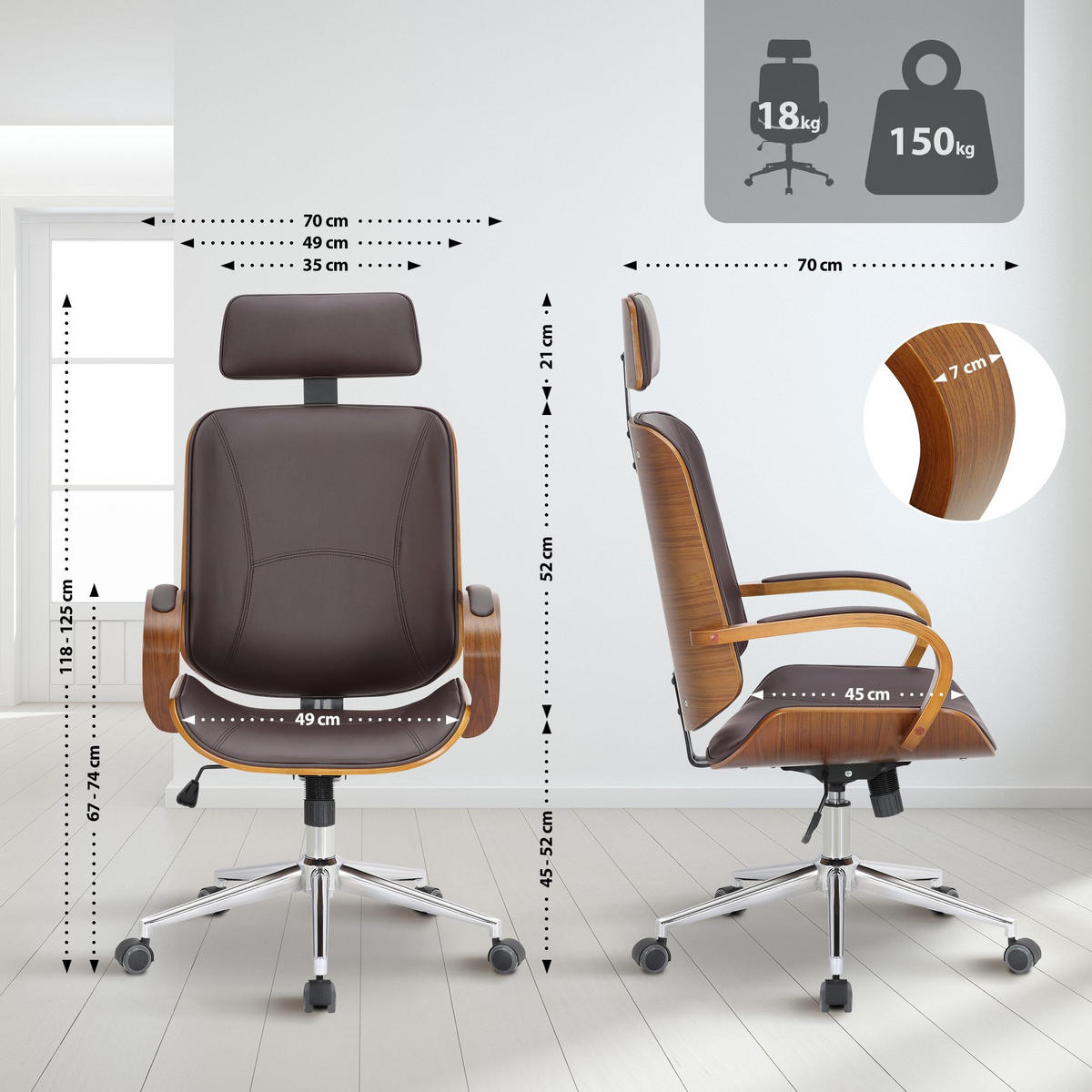 DREHSTUHL Lederlook Walnuss/Braun - Chromfarben/Walnussfarben, Textil/Metall (70/118/70cm) - CLP