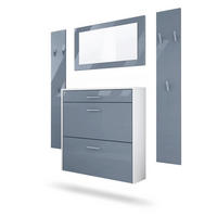 GARDEROBEN-SET Roma Air 4-teilig, Moderne Flurgarderoben Set mit Schuschrank, 2 Wandpaneele und Wandspiegel, Weiß matt/Grau Hochglanz - Grau, Holzwerkstoff (190/200/23cm) - InnoFurn