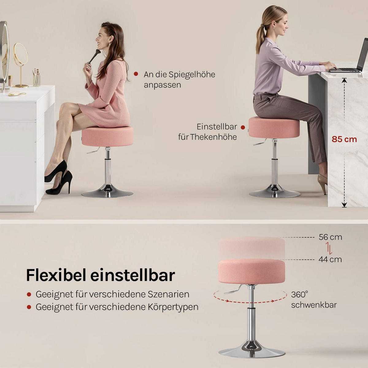 SITZHOCKER rund, drehbar, Cord-Sitzfläche, Rosa - Silberfarben/Rosa, Textil/Metall (38.5/56/38.5cm) - Woltu