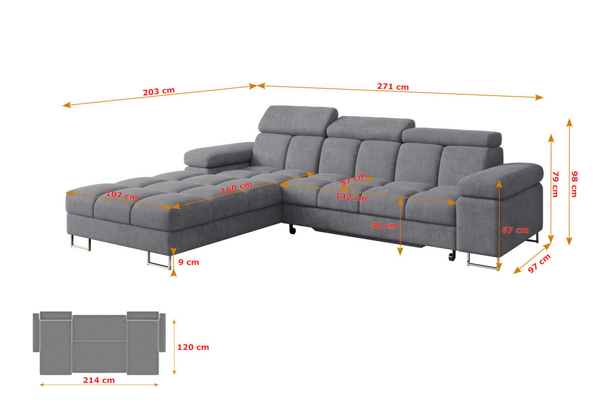 ECKSOFA mit Schlaffunktion Ottomane Links COMA L 271x203x79 Grau Velours - Grau, Holzwerkstoff/Textil (271/203cm) - ALTDECOR