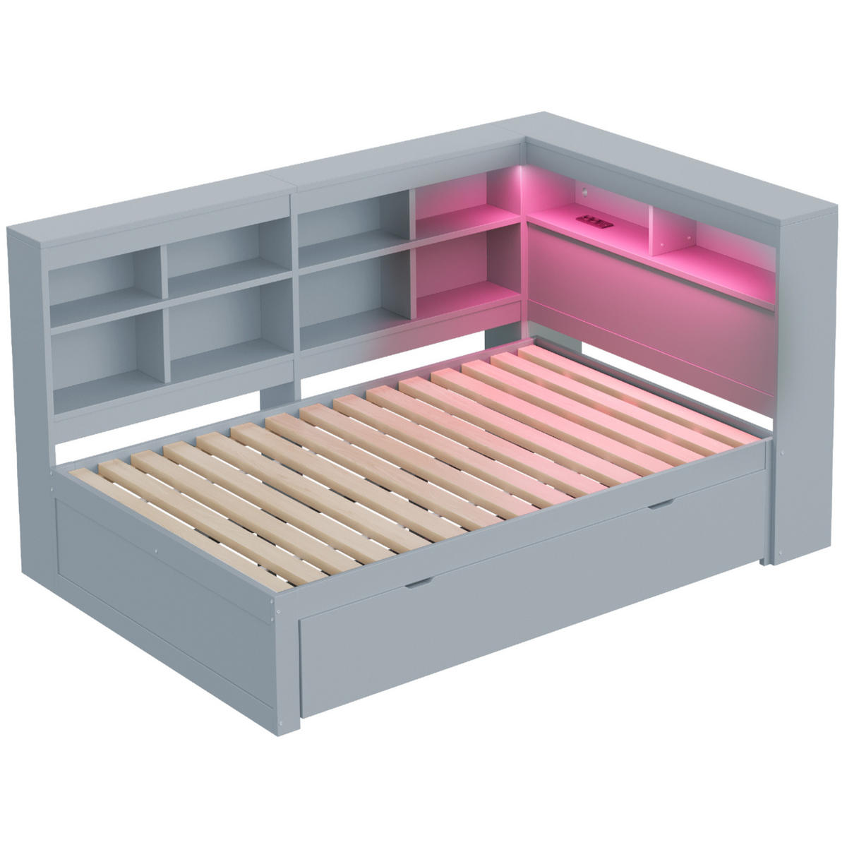 RAHMENBETT LED-Massivholzsofa 140/200 cm Grau mit Stauraum USB-Anschluss - Grau, Holz (140/200cm) - OKWISH