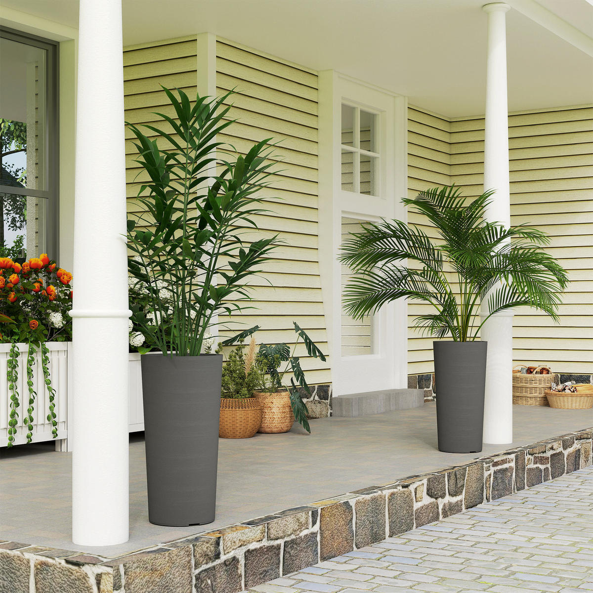 2ER Set Blumentopf stapelbar Pflanzkübel mit Löcher 35x35 cm Pflanztöpfe - Dunkelgrau, Kunststoff (60cm) - Outsunny