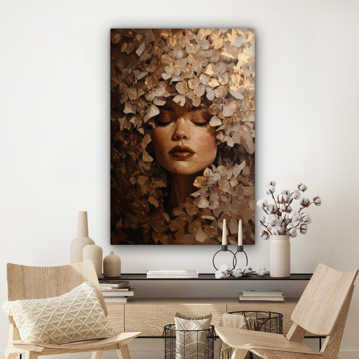 LEINWANDBILD Gesicht - Dame - Blätter - Pinselstriche Deko Groß 90x140 cm - Goldfarben, Textil (90/140cm) - MuchoWow