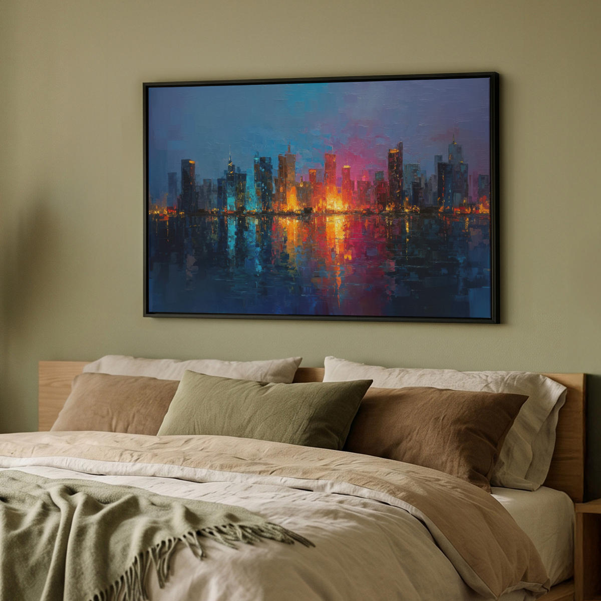 LEINWAND Bilder mit Rahmen - Skyline - Pinselstriche - Dunkelblau - Leuchtend - 90x60 - Blau, Textil (90/60cm) - MuchoWow