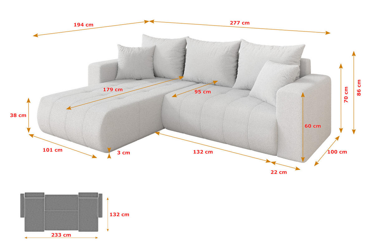 ROHOVÁ SEDAČKA s funkcí spaní, otoman vlevo MILA-L 277x194x86 bílá bouclé - bílá/černá, kompozitní dřevo/textil (277/194cm) - ALTDECOR