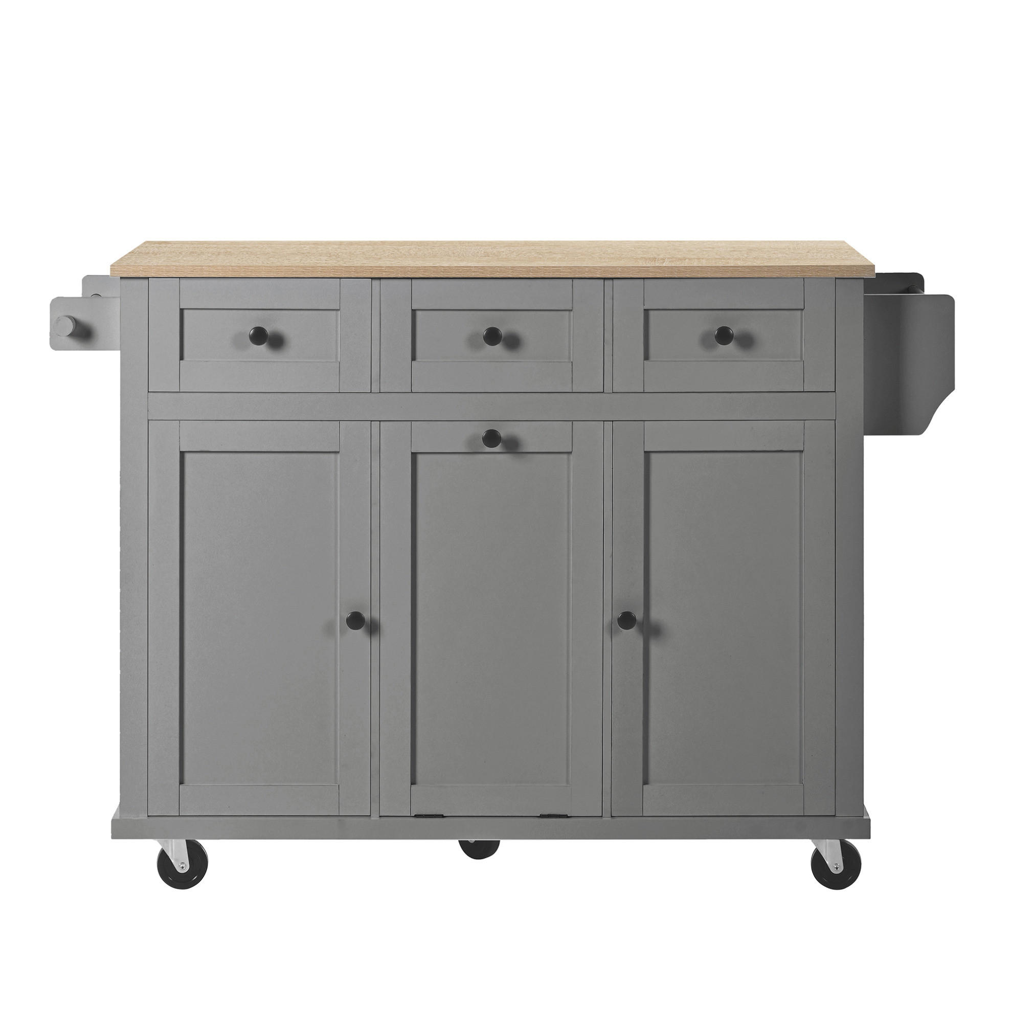 Modfu KUCHYŇSKÝ ostrůvek z MDF 112x76,2x92,7 cm přírodní a šedý s výsuvnou deskou, kolečky a přihrádkou na odpad