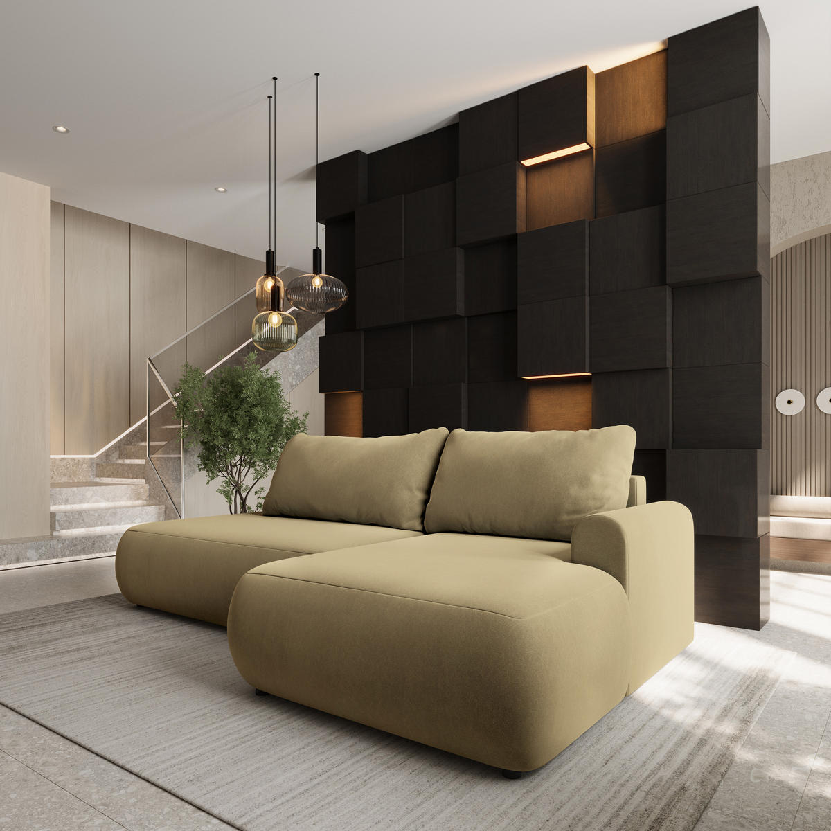 ECKSOFA NUVIRA CL R-S Senfgelb Samtstoff mit Schlaffunktion - Currygelb, Holzwerkstoff/Textil (279/158cm) - MASSENO