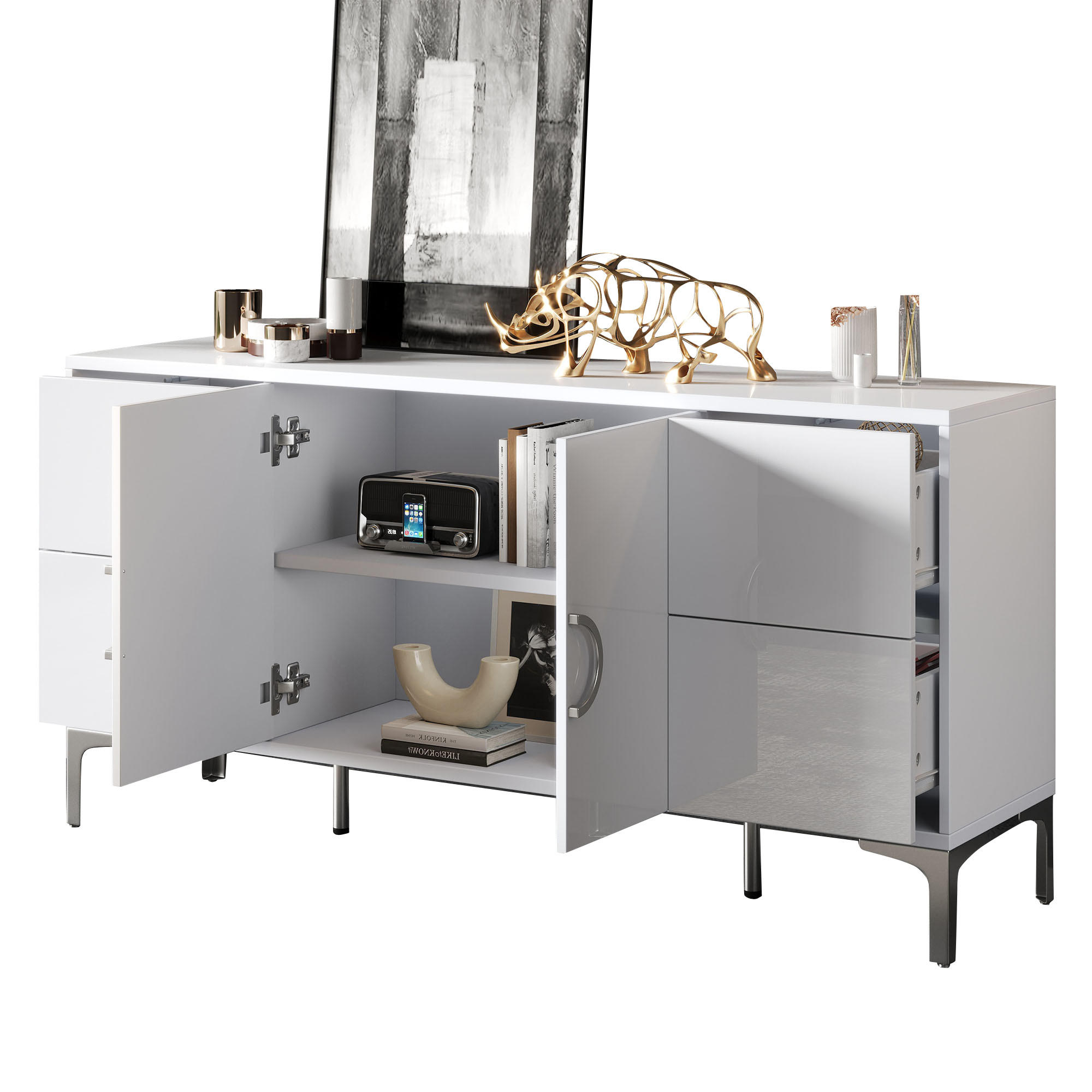 SIDEBOARD Weiß MDF 4 Schubladen 2 Türen 150x38x59.5cm Hochglanz - Weiß, Holzwerkstoff (38/59.5/150cm) - FLIEKS