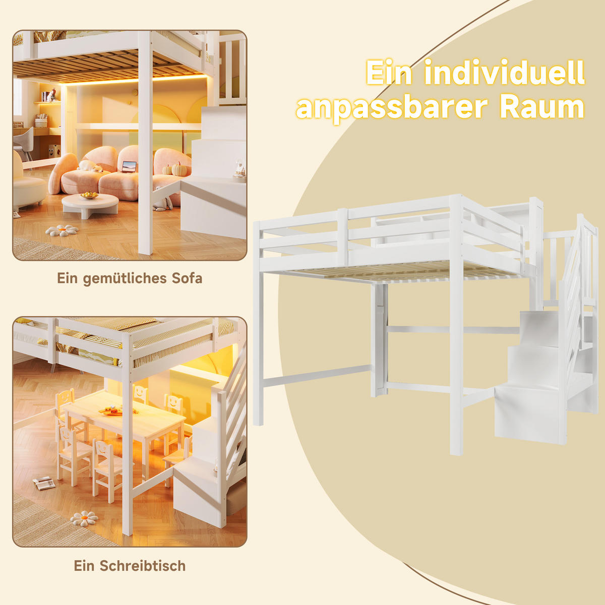 HOCHBETT 140/200 cm in Weiß mit LED, Stauraum und Ablageleiter - Weiß, Holz/Holzwerkstoff (140/200cm) - CHICFURN