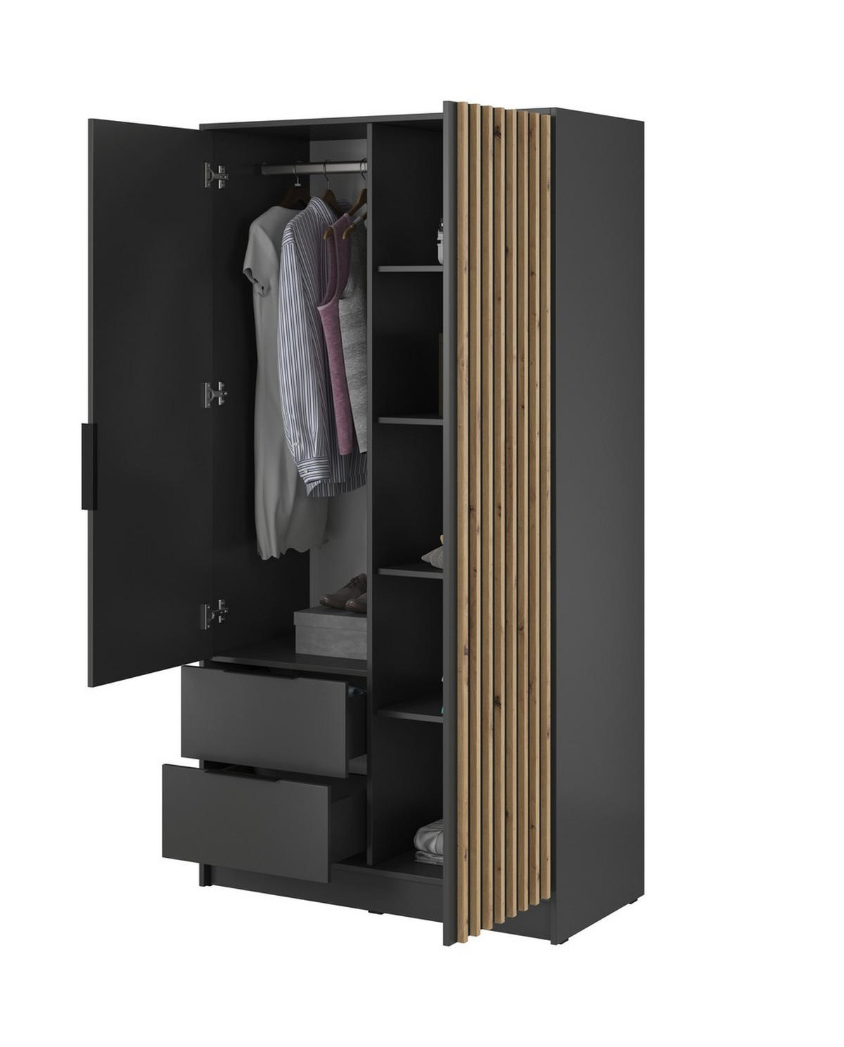 KLEIDERSCHRANK Nelly Graphit, Artisan Eiche Lamellen, Schrank Zweitürige, Garderobe mit Spiegel - Graphitfarben, Holzwerkstoff (105/200/51cm) - Bettso