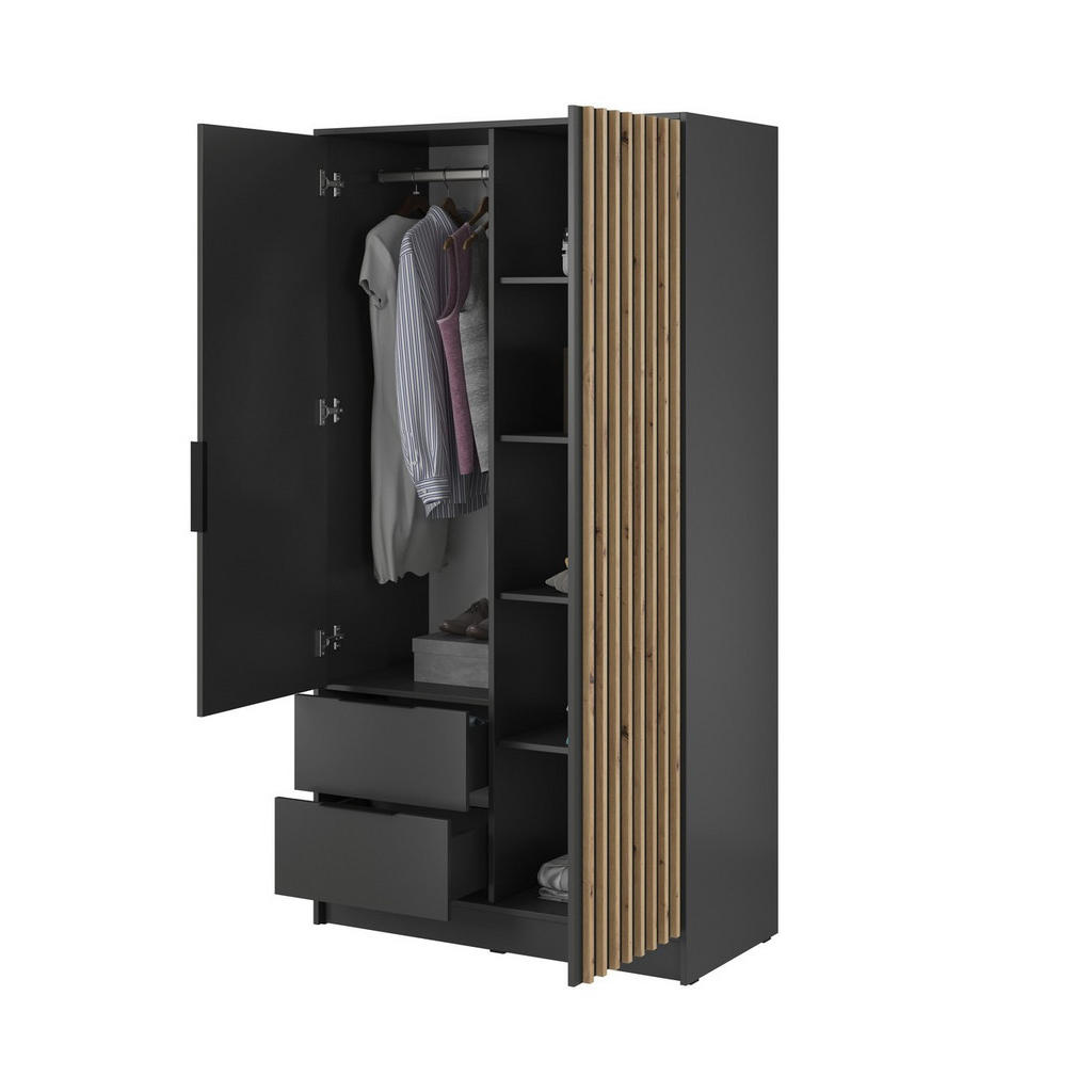 Thumbnail - Bettso Kleiderschrank, Graphit, Holzwerkstoff, 2 Schubladen, 105x200x51 cm, Schlafzimmer, Kleiderschränke, Drehtürenschr...