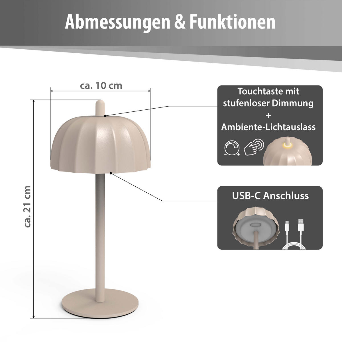 LED-TISCHLEUCHTE Umbrella schwarz 21cm Metall 2er-Set beige - Beige, Metall (10/10/21cm) - Northpoint