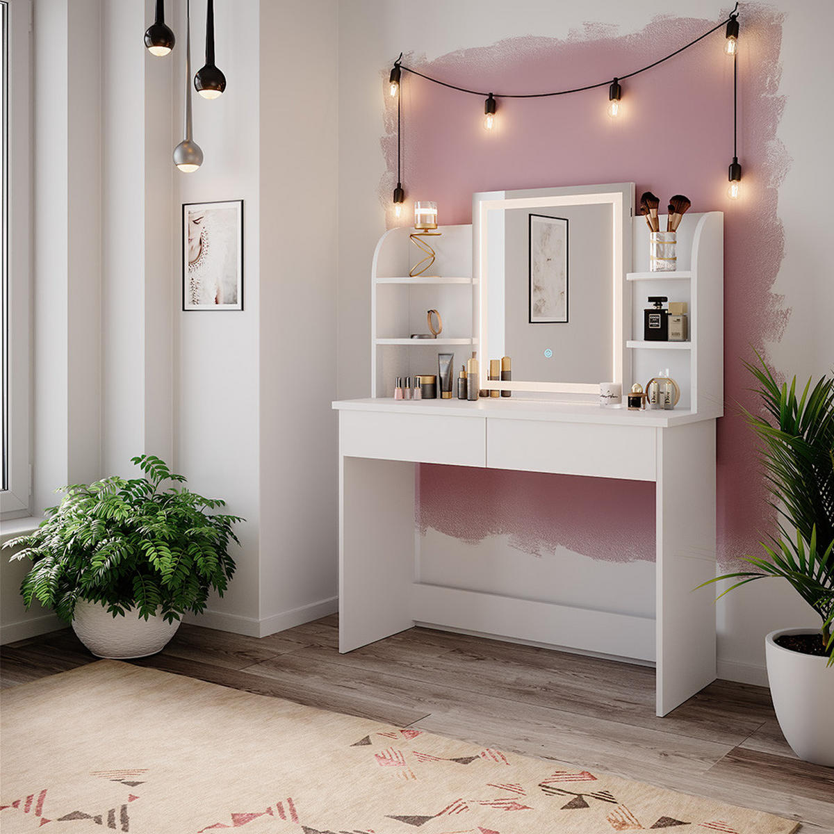 SCHMINKTISCH Charlotte Weiß 106 cm mit LED-Spiegel - Weiß, Holzwerkstoff (106/142/40cm) - Vicco