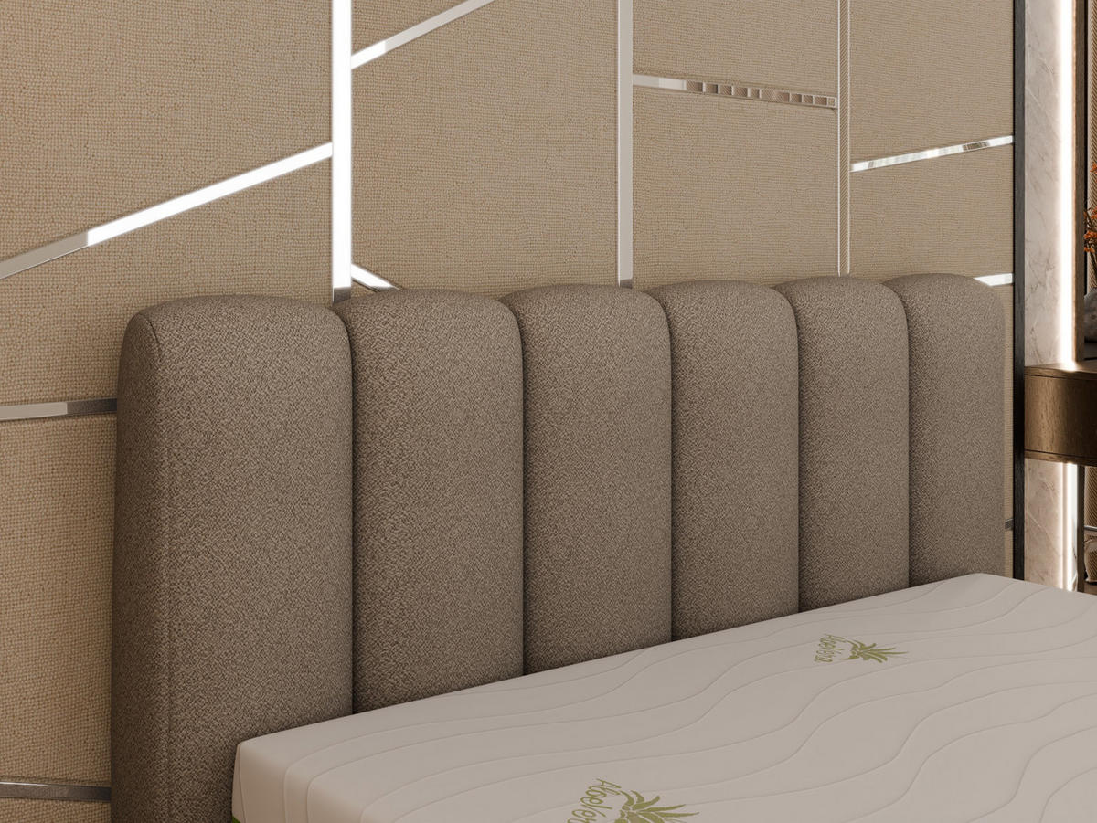 POLSTERBETT ZAIRA 160 x 200 cm mit Bettkasten und Lattenrost, 7-Zonen-Taschenfederkernmatratze CIRA (24 cm) – Dunkelbeige - Sandfarben, Holz (140/206cm) - Panda Möbel