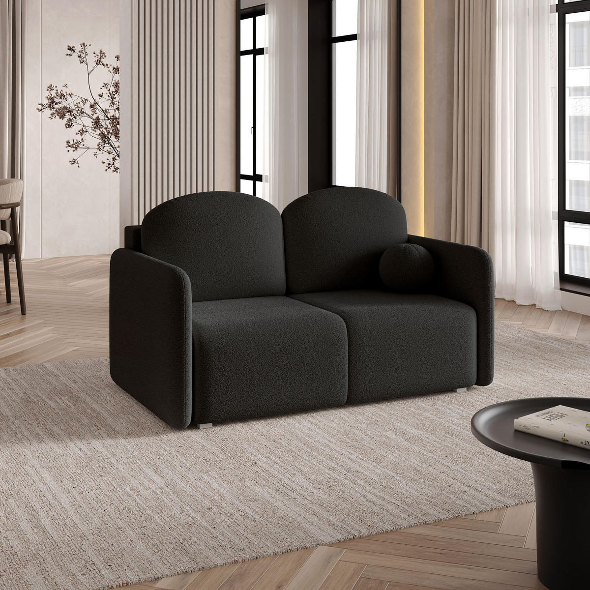 BETTSOFA SUVI II Q Schwarz Bucle-Stoff mit Schlaffunktion - Schwarz, Textil (90/85/153cm) - MASSENO