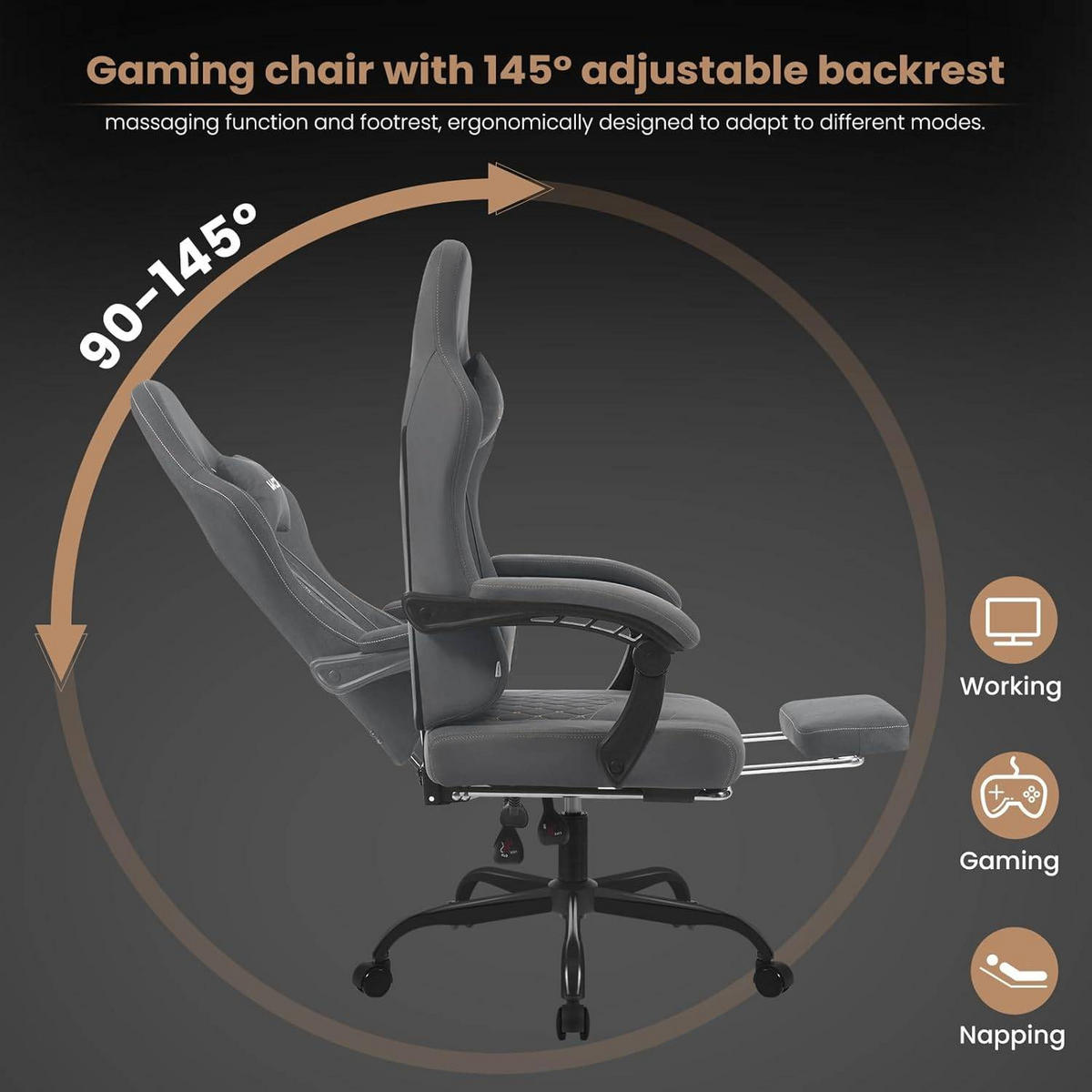 GAMINGSTUHL mit Massagefunktion, Computerstuhl Ergonomisch - Schwarz/Grau, Kunststoff/Textil (70/127/70cm) - Woltu
