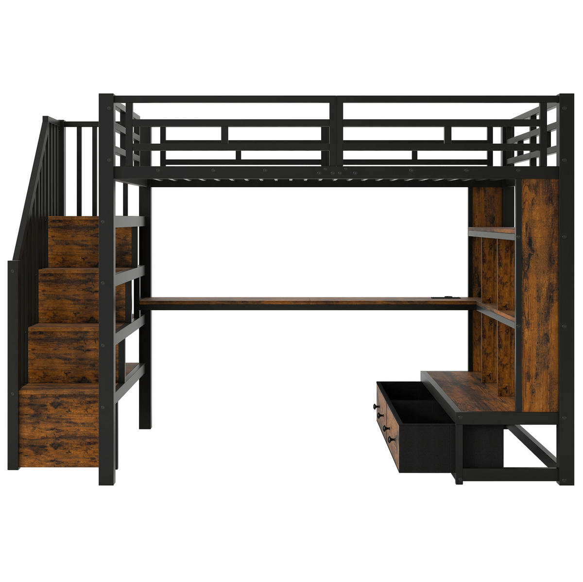 HOCHBETT aus MDF und Metall 140x200 cm Schwarz mit Schreibtisch, Regalen, Stauraumtreppe, LED und Schubladen - Schwarz, Holzwerkstoff (140/200cm) - Modfu