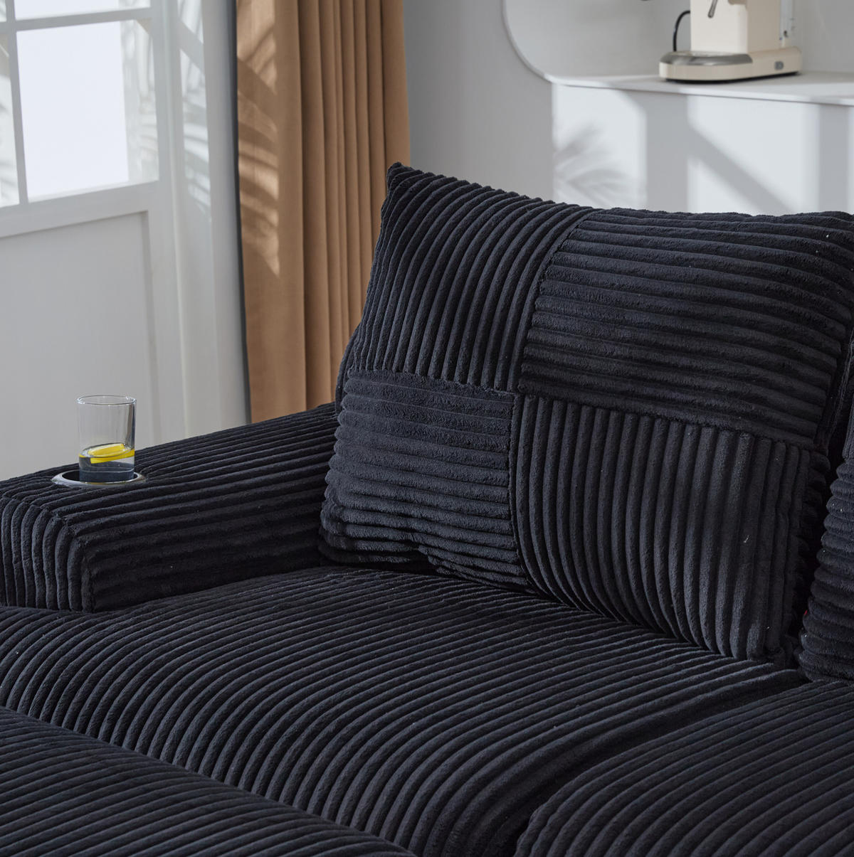 SOFA 200/174/80 cm in Schwarz aus Cord mit Cupholder und Aufbewahrungstasche - Schwarz, Textil (174/80/200cm) - Flora Grace