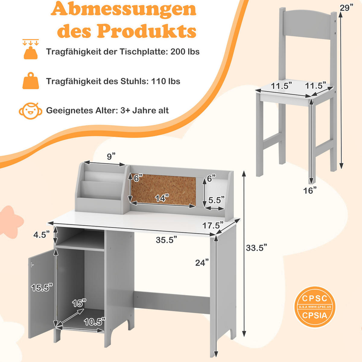 KINDERSCHREIBTISCH mit Stuhl grau(2-tlg) - Grau, Holzwerkstoff (90/85.5/45cm) - COSTWAY